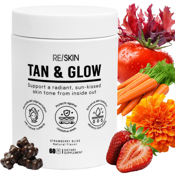 Triple Action Tanning Gummies - Full Spectrum Formula with Astaxanthin, Beta Carotene, Lycopene, Lutein & Zeaxanthin for Skin Radiance, Vitality, Hydration and Defence - Sugar Free (60 Count)