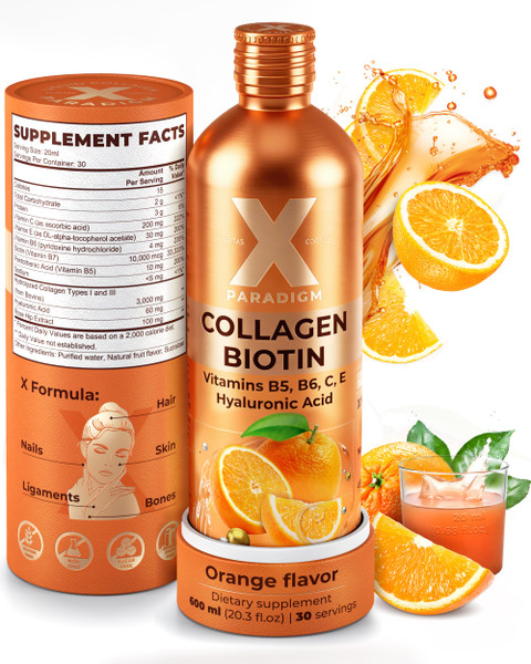 XParadigm Puritas Corpus Liquid Collagen Peptides with Biotin & Hyaluronic Acid - Hydrolyzed Bovine Collagen Type 1 and 3, Biotin 10000mcg, Vitamins B5, B6, C & E - Orange Flavor