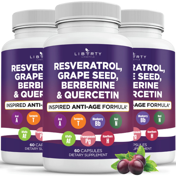 Liberty Lifestyle Resveratrol, Berberine, Grape Seed Extract, Quercetin, Polyphenol Supplement for Women and Men with Noni Extract, N-Acetyl Cysteine, Acai Extract (180 Count)