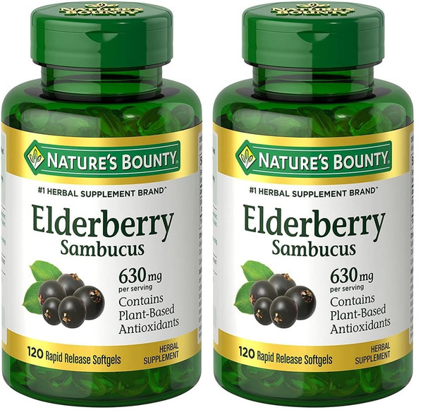 Nature's Bounty Sambucus Elderberry Herbal Supplement, Rapid Release Softgels, 630 mg per Serving, 120 Count (Pack of 2)