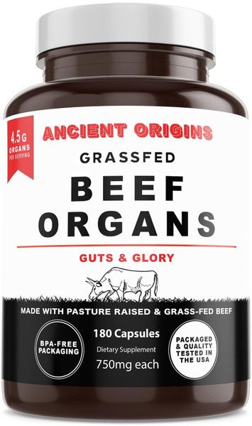 Ancient Origins Grass Fed Beef Organs Supplement 4500 mg - Desiccated Liver, Bone Marrow, Heart, Spleen, Pancreas & Kidney, Non-GMO, Gluten Free, Undefatted (180 Capsules, 750mg Each)