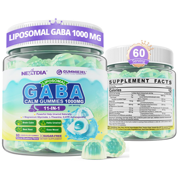 GABA Gummies 1000mg - Liposomal Calm Mood Gummies with L-Theanine, Magnesium Glycinate, Ashwagandha, 5htp, Inositol, Melatonin-Free for Zzz Better, GABA Supplements for Adult, Sugar-Free 120Cts