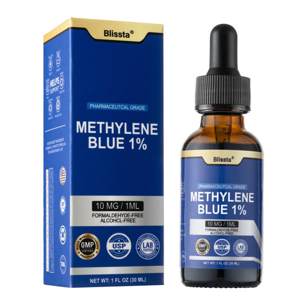 Blissta USP Pharmaceutical Grade Methylene Blue 1% Solution – Third-Party Lab Tested, Formaldehyde-Free, Heavy Metal Free –Nootropic - Cognitive Support, Brain Health, Energy & Focus Drops – 30ml