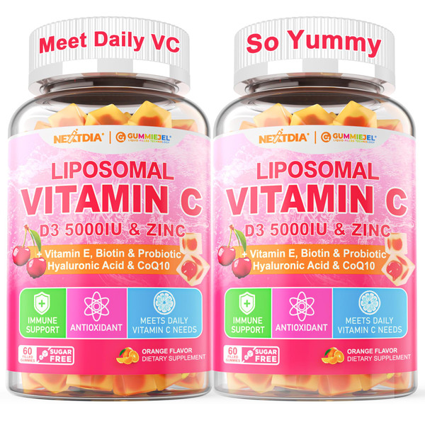 Liposomal Vitamin C 1000mg + D3 5000IU + Zinc Filled Gummies, Folate 800mcg Chewable Supplement, Elderberry for Immune, Hyaluronic Acid, VE, for Beauty, Energy & Overall Health, Sugar Free, ﻿2 Pack