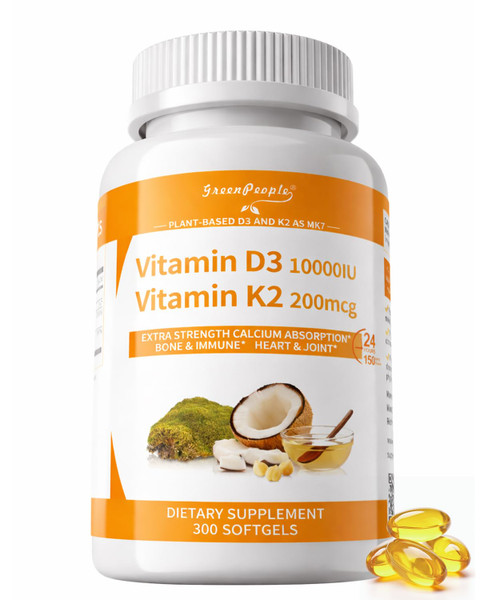 GREENPEOPLE K2 D3 Vitamin Supplement, Vitamin D-3 & K-2 MK-7, 10,000 IU/200 mcg, with Virgin Non-GMO Coconut MCT Oil | 300 Vegan Softgels | Bone Health, Immune Support