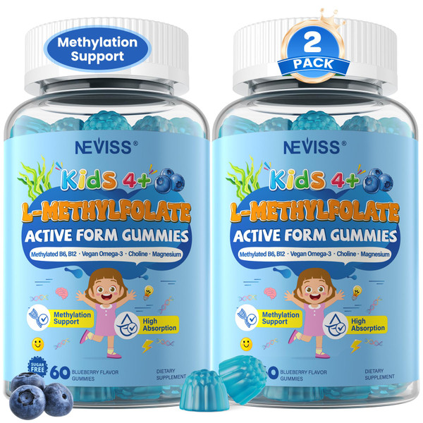 L Methylfolate 1000mcg for Kids Teens Gummies + Methyl B6 B12, Active 5-Mthf Methyl Folate, MTHFR Supplement w/ Choline Omega-3 Magnesium Zinc for Focus Cognition Mood Energy, Sugar Free, Vean, 120Cts
