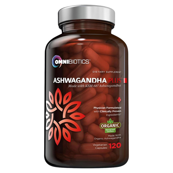 OmniBiotics Organic Ashwagandha Supplement – 1300mg Total Strength – 900mg Organic Root Powder & 400mg KSM-66 Extract – Stress Relief, Mood & Sleep Support – Non-GMO – 120 Vegan Capsules