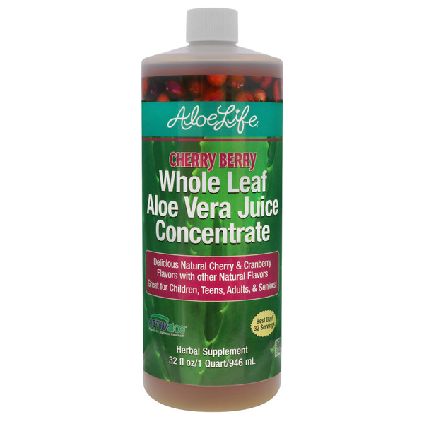 Aloe Life - Whole Leaf Aloe Vera Juice, Certified Organic, Gluten-Free (Cherry Berry, 32 oz)