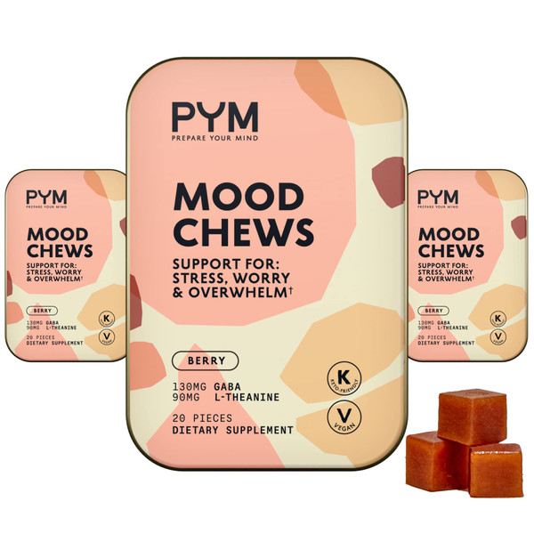 PYM Berry Mood Chews Support for Stress, Worry & Overwhelm, 60 Count | 130mg GABA, 90mg L-Theanine | Vegan, Non-GMO, Gluten-Free, No Added Sugar | All-Natural Mood Support Supplement Made in USA