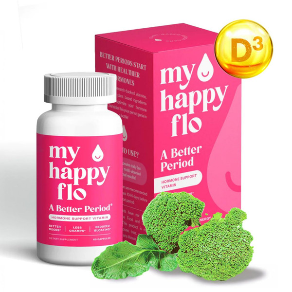 My Happy Flo Period Relief Supplement – Cramp Relief, Heavy Periods & Irregular Period Support, Bloating & Fibroid, Gentle Iron, DIM, Magnesium, Vitamin D3, Plant-Based PMS & Hormone Support | 60 Caps