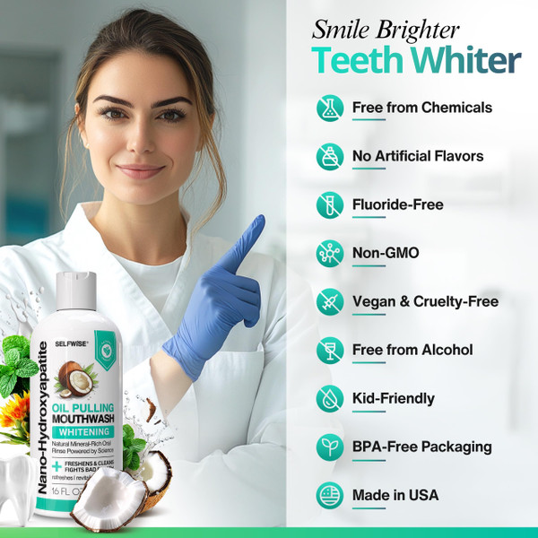 Nano-Hydroxyapatite Oil Pulling Whitening Mouthwash for Teeth and Gums, Natural & Organic, Whitens Teeth, Strengthens Enamel, Fights Bad Breath & Plaque – Smooth & Non-Greasy – for Adults - 16oz