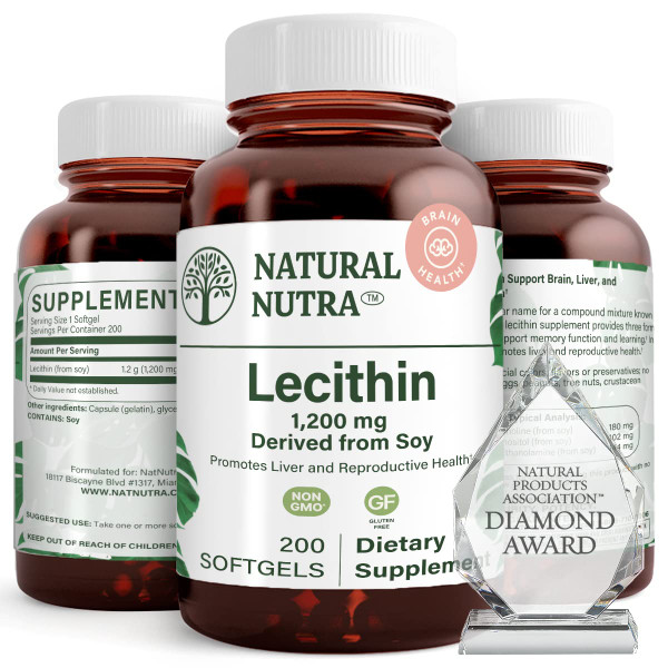 Natural Nutra Soy Lecithin 1200mg Supplement, B, 200 Soy Lecithin Softgels
