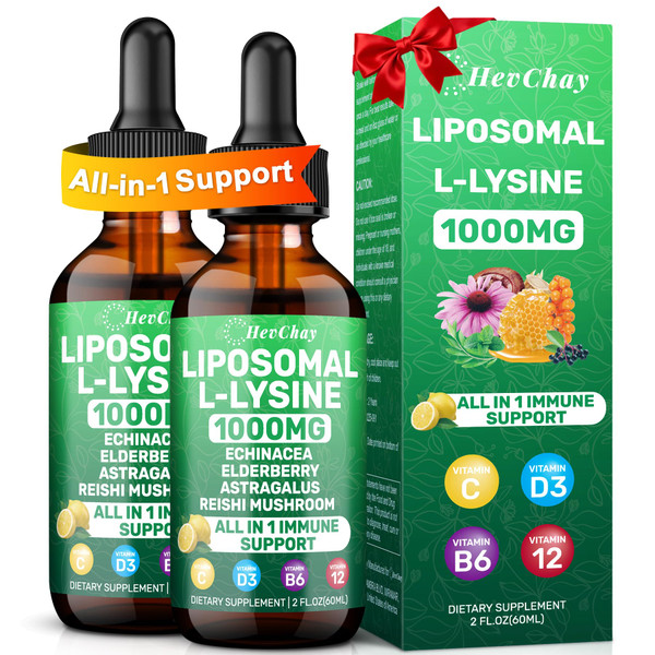 Liposomal Lysine 1000MG Liquid Drops, 16-in-1 L Lysine Supplement for Kids and Adults, Echinacea & Elderberry with Vitamin C, B6, D3, B12 & Zinc for Collagen, Lip, skin & Immune Support, 2 Pack