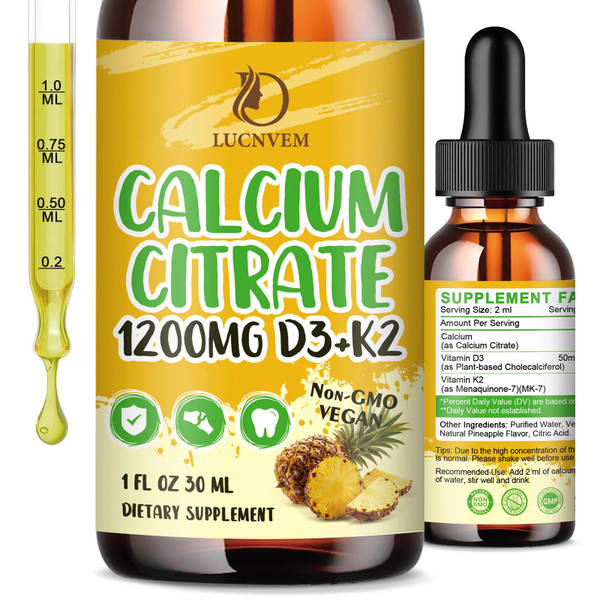 Calcium Citrate Liquid Drops, Calcium Citrate 1200 mg with Vitamin D3 & K2 Supplements for Women & Men, High Absorption for Support Bone Muscle & Teeth Health - Pineapple Flavor - 4 pc - 30 ml Each
