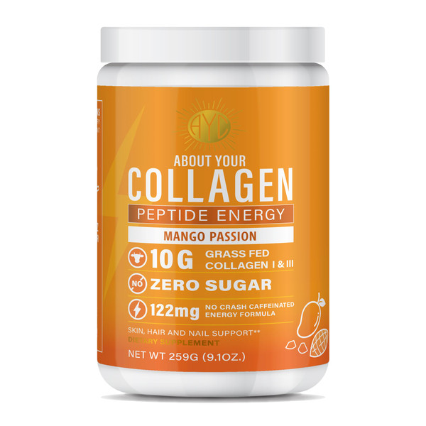 ABOUT YOUR COLLAGEN Peptide Energy Collagen Powder Hair, Nail, Skin, Type I & III,Caffeine for Energy, Vitamin C, Biotin, Hyaluronic Acid, Zero Sugar – 8.92 oz (Mango Passion)