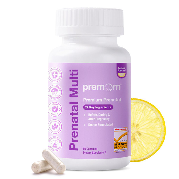 Premom Prenatal Vitamins for Women, 27-in-1 Prenatal Multivitamin & Mineral Supplement, Pregnancy Essentials with 680mcg 5-MTHF Methylfolate, 225mg Choline, & Iron, 60 Veggie Capsules, Lemon Scent