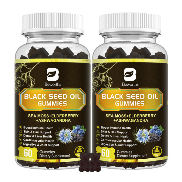 Black Seed Oil & Sea Moss Gummies, 2Pack Irish Sea Moss Gummies with Black Seed Oil, Ashwagandha Extract, Elderberry, Turmeric, Vitamin C, Vitamin D3 - Immune Support, Joints, Digestion, Hair & Skin