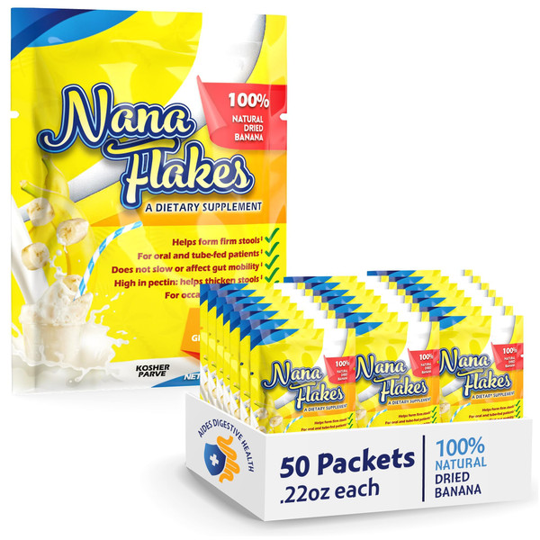 Nutritional Designs Nana Flakes Anti-Diarrheal Banana Powder, IBS Relief & Heart Burn Remedy, 100% Pure Banana Flakes Medical Food - Natural - High Protein& Fiber (50 Single-Serve Packs)