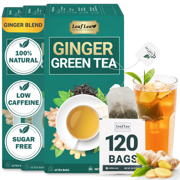 LeafLea Green Tea Bags With Ginger, Digestion & Immune Support, 120 Count