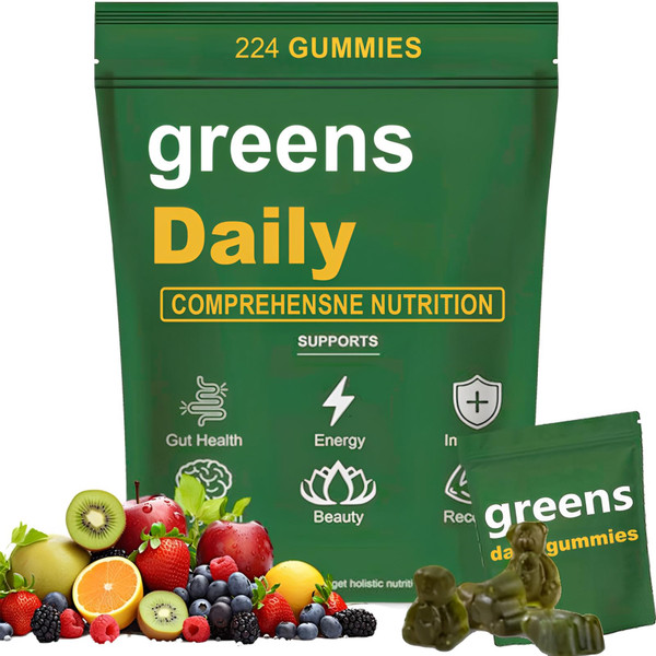 Greens Gummies - Organic Chlorella and Spirulina, Digestive & Gut Health, Formulated with 60+ Ingredients, Multi-Vitamins & Minerals, Daily Gummies, 224 Gummies Bear