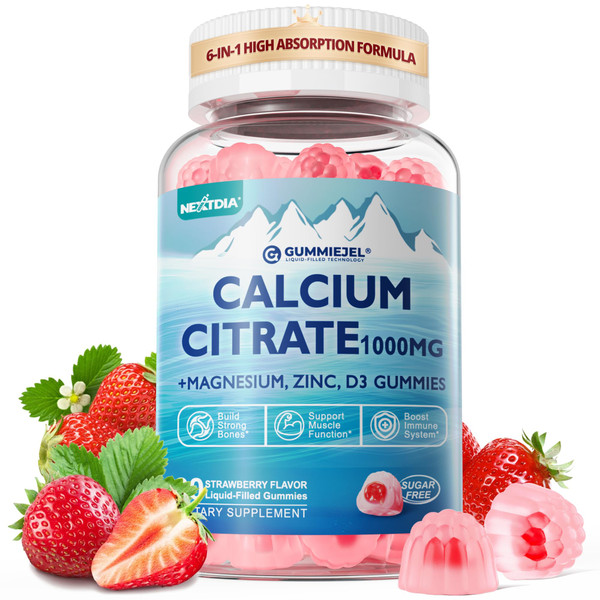 Calcium Citrate Gummies with Vitamin D3 1000IU - GLP-1 Support Calcium Magnesium Zinc Potassium B6, Zero Sugar, High Absorption Calcium Supplement for Bone, Muscle, Teeth & Nerve Health, Vegan, 120Cts