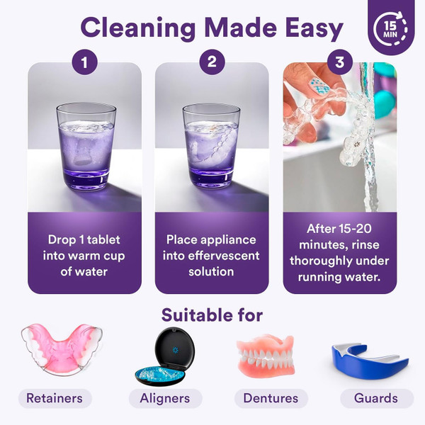 Weiss Naturals Retainer Cleaner Tablets, Invisalign Cleaner, Remove Stains, Odors & Plaque, PERSULFATE FREE Night Guard & Denture Cleaner 4-Month Supply, 120 Grape Scented Tablets