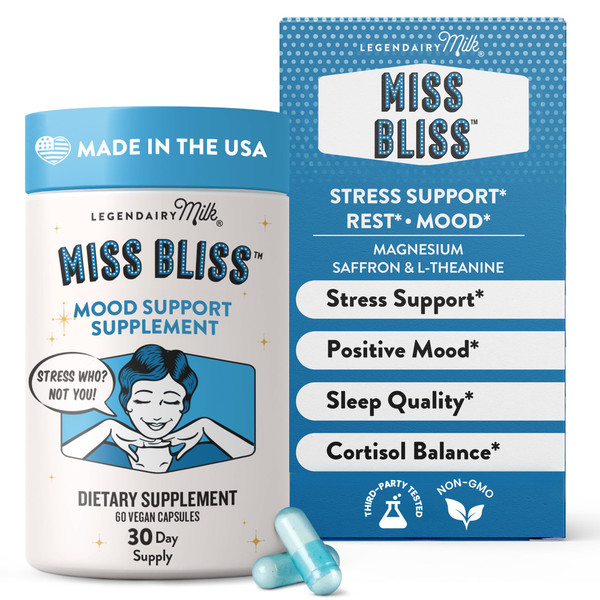 Legendairy Milk Miss Bliss™ Stress Support for Women – Stress Relief Supplement with affron® Saffron, Magnesium Glycinate + Citrate & L-Theanine – Calm & Mood Balance, Non-Drowsy, 60 Vegan Capsules