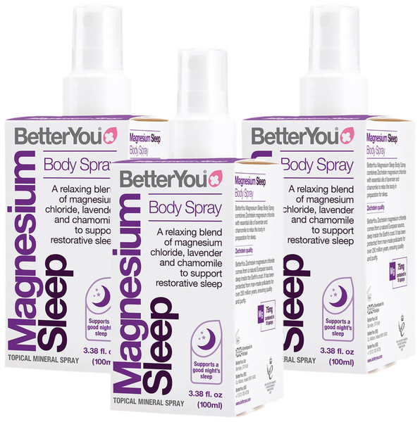 BetterYou Magnesium Muscle Body Spray - Relaxing Topical Magnesium and Essential Oil Spray - Lavender and Chamomile - Promotes Better Sleep - 3.38 oz (Pack of 3)