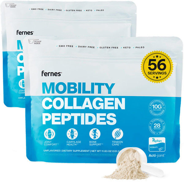 Fernes Mobility Collagen Peptides Powder - Glucosamine, Chondroitin, Hyaluronic Acid & Liposomal Vitamin C Join Bone & Cartilage Support Grass-Fed Type I & III Keto & Paleo 56 Servings, 23.66 oz