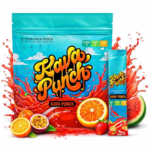 KAVA PUNCH Relaxation Drink Mix – Kava Kava Extract Stick Packets, Non-Alcoholic Alcohol Alternative with Buzz, Low-Calorie Drink, 12 Stick Pouch