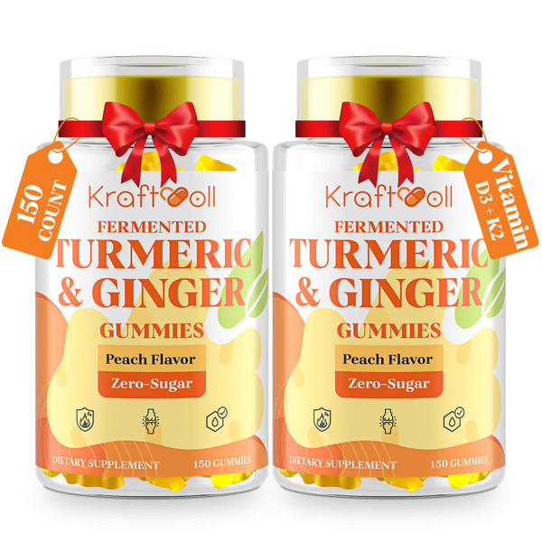 Turmeric Curcumin with Ginger Gummies, Vegan Formula with Fermented Turmeric & Black Pepper, Joint Comfort & Mobility, Sugar-Free with Vitamin D3 + K2, Natural Peach Flavor – 150 Gummies (2 Bottles)