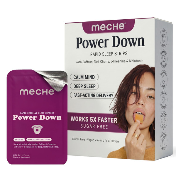 Meche Power Down™ Rapid Dissolve Strips for Sleep - 5mg Melatonin, L-Theanine, Tart Cherry & Saffron - Faster Than Melatonin Gummies, Natural & Sugar Free Sleep Aid for Adults