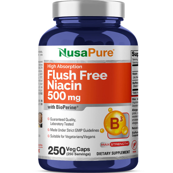 NusaPure Flush Free Niacin - Suitable for Vegetarian/Vegan, Non - GMO - 500 mg - 250 Capsules