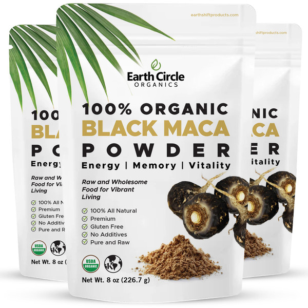 Earth Circle Organics Organic Black Maca Peruvian Root Powder, Black Maca Root for Men, Natural Supplement, Essential Vitamins, Minerals & Fatty Acids Improved Energy, Immune Support (8oz, Pack of 3)