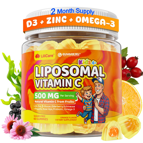 Liposomal Vitamin C 500mg 1000mg Gummies for Kids 4+ & Adults, with Omega-3, Elderberry, Propolis, Zinc, D3, Kids Immune Support, Antioxidant, Growth & Development, Chewable Natural Vit C, Sugar Free