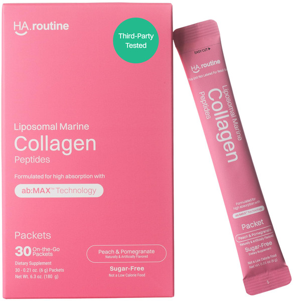 Haroutine Liposomal Marine Collagen Powder Packets, 2100 mg Collagen Peptides with 190 mg Vitamin C, Sugar-Free Peach Pomegranate, Skin, Hair, Nails & Joint Support, 30 Count