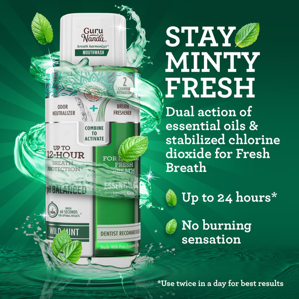 GuruNanda Dual Barrel Breath Harmonizer Mouthwash - Freshens Breath - Alcohol & Fluoride Free with Sodium Chlorite & Essential Oils - Wild Mint Flavor, 32 Fl Oz (Pack of 3)