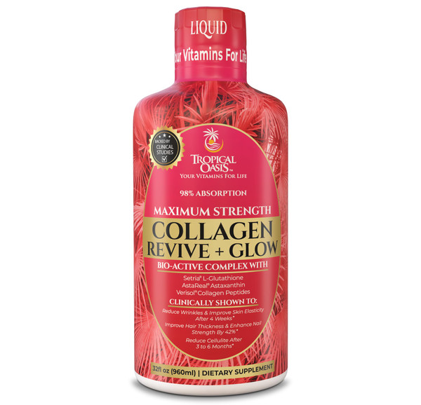 Tropical Oasis Liquid Collagen Glow for Women & Men | 5000mg VERISOL Collagen Peptides + 12500mcg Biotin | Clinically Tested for Thicker Hair, Brighter Skin, Wrinkles & Stronger Nails | 32 Serv