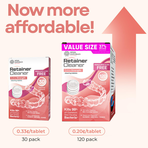 Weiss Naturals Dye-Free Retainer Cleaning Tablets, Invisalign Cleaner, Persulfate-Free Night Guard Cleaner, Removes Stains & Odor, MINT Scent, 120 Tablets (4-Month Supply)