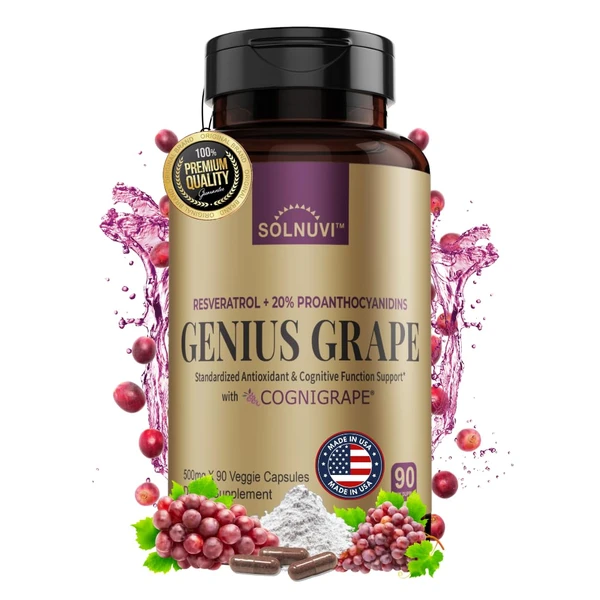 SOLNUVI Resveratrol Complex Supplement with Clinically Tested Cognigrape Red Grape Extract OPC Proanthocyanidins - Antioxidant & Brain Health Support - 90 Veggie Capsules, Non-GMO, Gluten-Free, Vegan