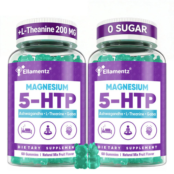 ELLAMENTZ 5HTP Gummies + GABA - Melatonin Free -Magnesium Glycinate, Ashwagandha, L-Theanine, L-Tryptophan & Vitamin D3 | Relaxation & Calm Gummies | Nighttime Support for Adults 2 Pack