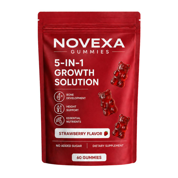 MORTAINE Novexa Growth Gummies, Novexa 5 in 1 Growth Gummies, with Vitamin D3 & K2,Calcium, Ashwagandha, Spirulina, for Bone Health & Daily Vitality Support, Non-GMO, Strawberry Flavor, 60 Count
