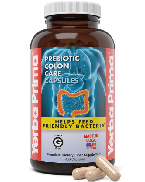 Yerba Prima Prebiotic Colon Care Capsules, 400 Caps - Five Forms of Fiber Plus FOS Pre-biotics - Dietary Health Supplement - Healthy Soluble & Insoluble Fibers for Regularity & Digestive Support