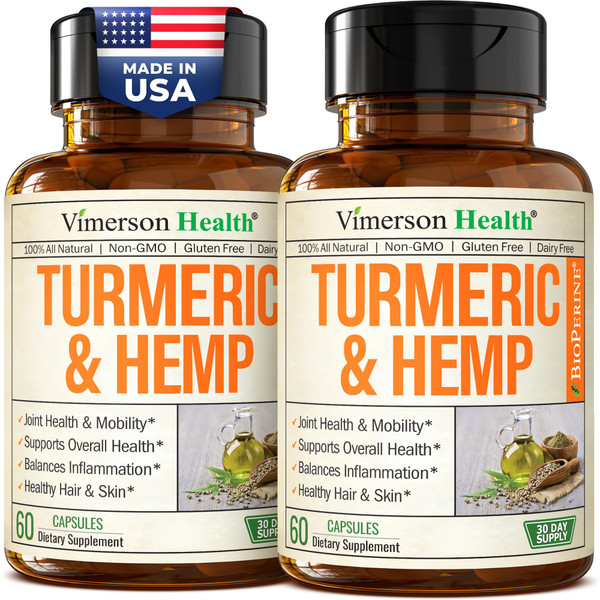Turmeric Curcumin Supplement with Hemp Seeds & Lemon Balm Extract – Joint Health & Mobility – Calm Mood & Restful Sleep – with Black Pepper for Absorption – Joint Supplement for Men & Women - 2 Pack