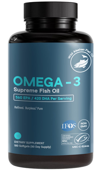 Omega-3 Supreme 1400 mg Wild Alaskan Fish Oil | Enteric Coated, Burpless | MSC Certified High EPA DHA, Improved Absorption & Heavy Metal Tested (3 Mo Supply,180 Softgels)