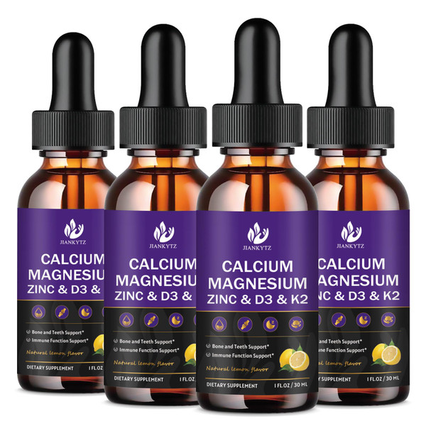 (4 Pack) Calcium Magnesium Zinc Liquid Drops for Women and Men - Bone & Teeth, Immune Support, Liquid Calcium Supplement with Magnesium Glycinate, Vitamin C D3 K2 B6, Lemon Flavor | Sugar Free