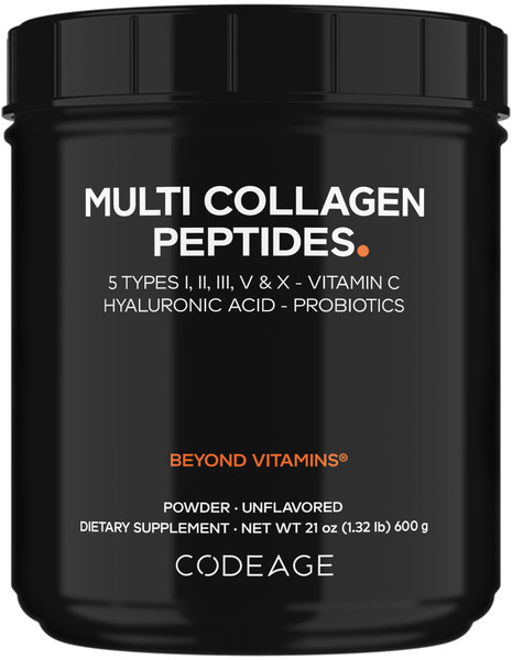 Codeage Multi Collagen Peptides + Probiotics Black Edition, Vitamin C, Hyaluronic Acid Powder Supplement, Grass-Fed, Pasture-Raised, Hydrolyzed, Zero Carbs, Type I, II, III, V & X, Unflavored, 21oz