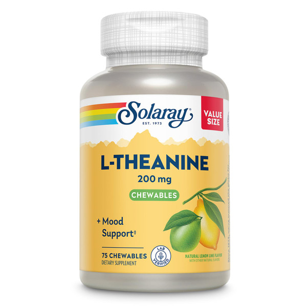 SOLARAY L Theanine 200mg, Mood Support Supplement with Vitamin B6 - Calming Support During Occasional Stress - Natural Lemon Lime Flavor - 60-Day Guarantee, Lab Verified - 75 Servings, 75 Chewables