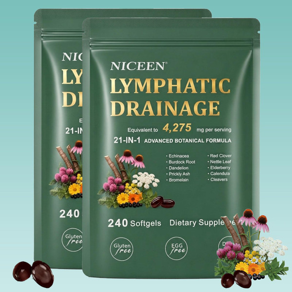 NICEEN Lymphatic Drainage Supplements, 480 Softgels, 21-in-1 Herbal Blend with Echinacea, Dandelion, Burdock Root, Cleavers, Calendula, Red Clover & More, Lymph System Support for Men Women