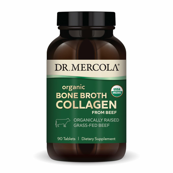 Dr. Mercola Organic Bone Broth Collagen – Organically Raised Grass-Fed Beef – Dietary Supplement – Supports Bone and Joint Comfort – USDA Organic, Non-GMO – 30 Servings (90 Tablets)